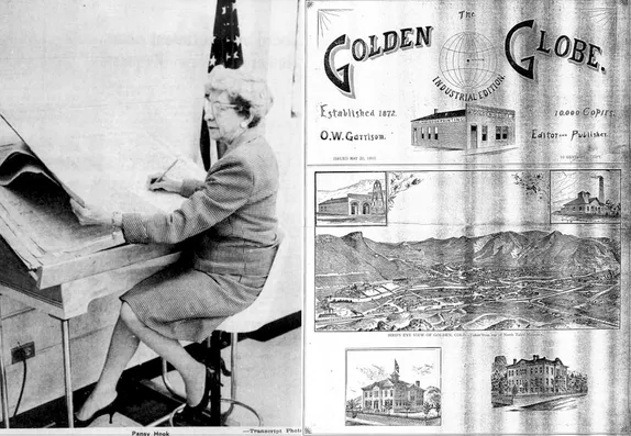 Lady in glasses sitting at a desk on left side, Golden Globe cover with pen & Ink drawings of early Golden on right