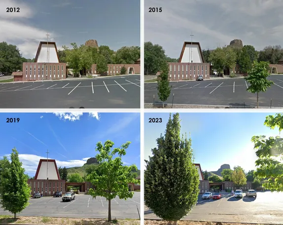 Same view of a church with Castle Rock in the background-no trees in 2012 and growing trees in 2015, 2019, and 2023