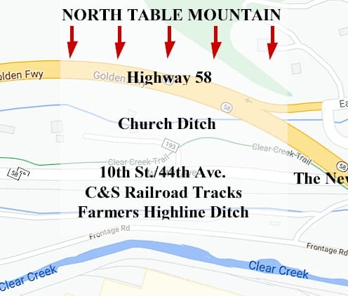 Google Map of the area with Hwy 58, Church Ditch, 10th St. the railroad tracks, highline ditch, and Clear Creek labeled.