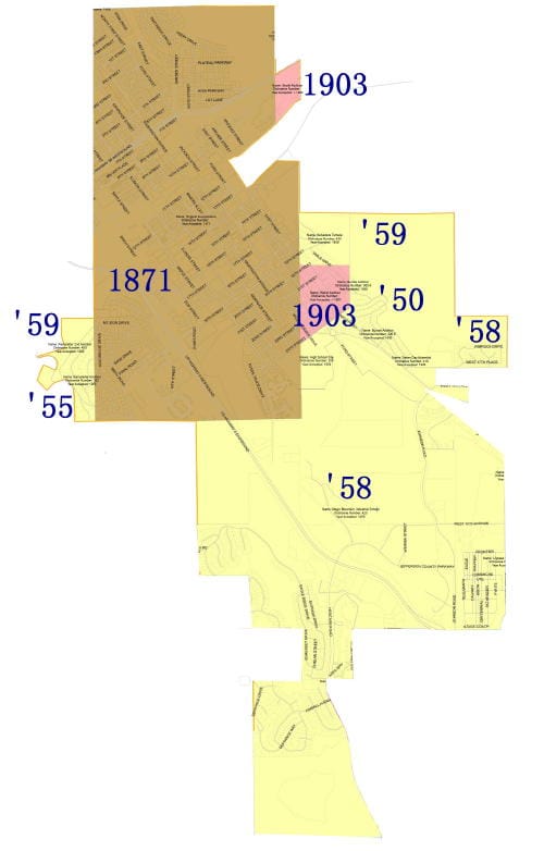 annexation map for the city of Golden.  The brown area shows the original town site, as platted in 1871.  The two pink additions were annexed in 1903.  All of the yellow section was added during the 1950s.