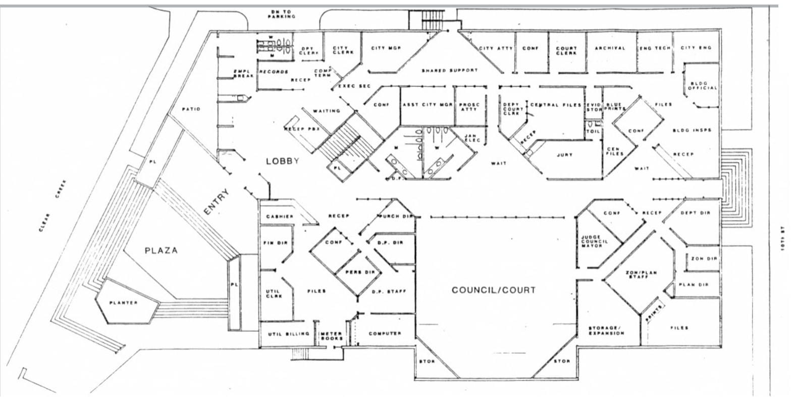 floor plan with a large council/court room, many offices, Clear Creek on one side and 10th St. on the other