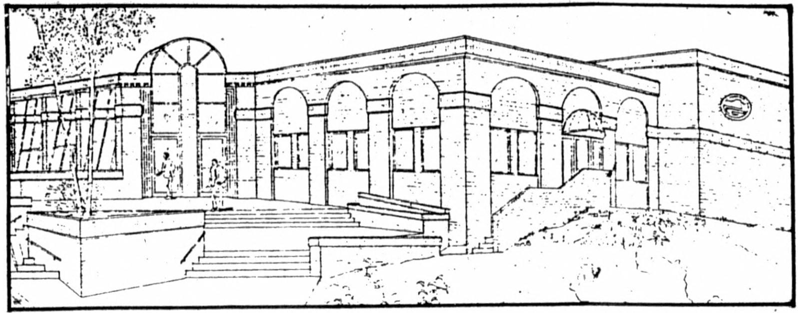 drawing of a building with stairs in front and arches over the windows and door