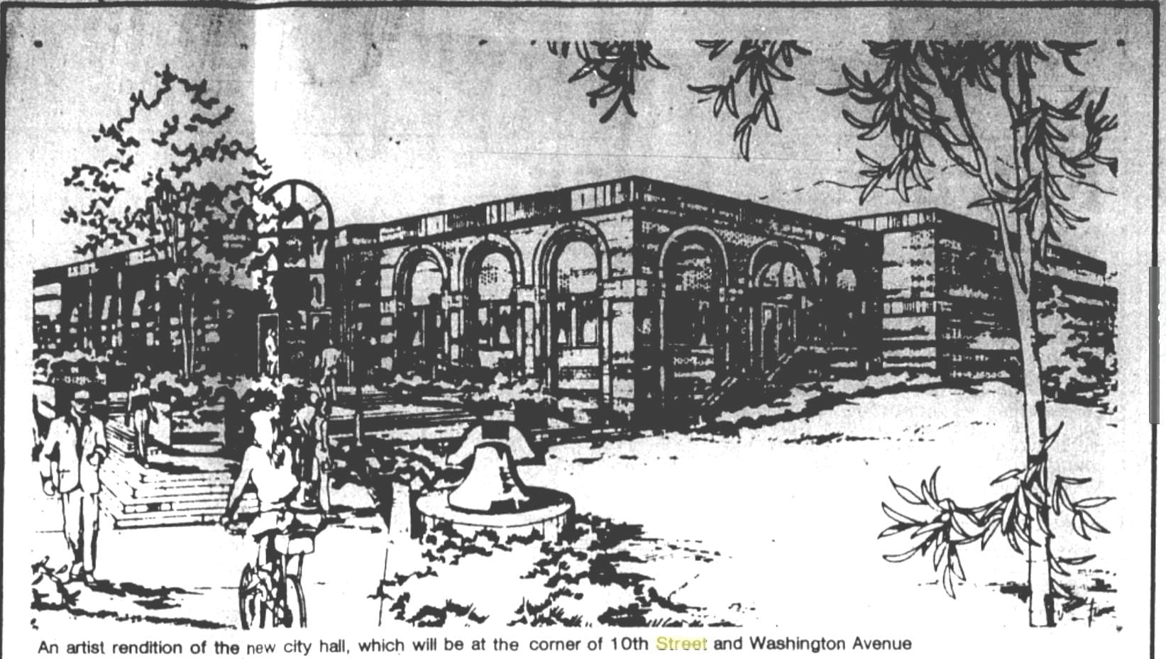 Artist's rendering of a large one-story building with arches over windows and door.  Trees and pedestrians added.