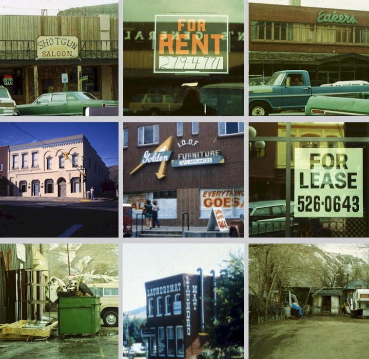 9 color images of downtown buildings including several with for rent signs