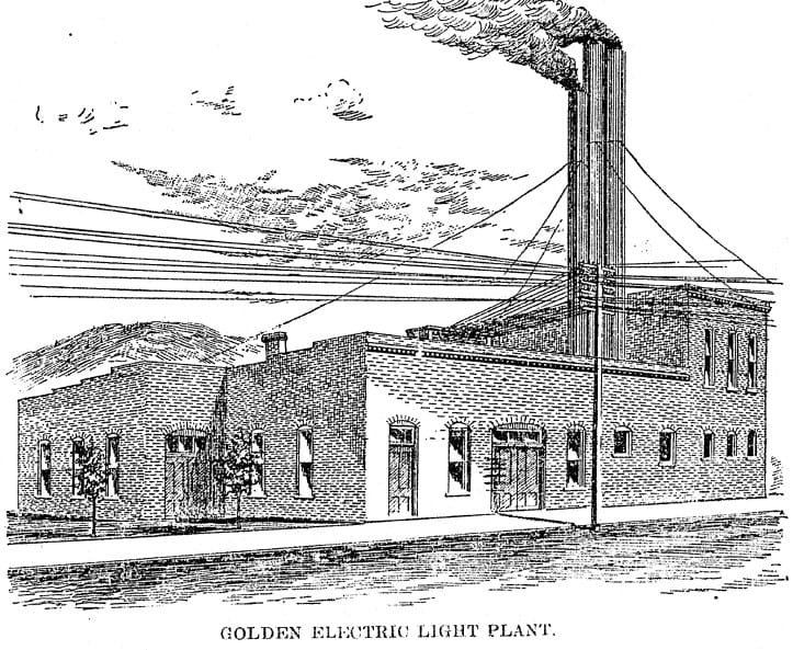 Pen and ink drawing of brick building with many power lines running out and a dark plume coming from smokestack