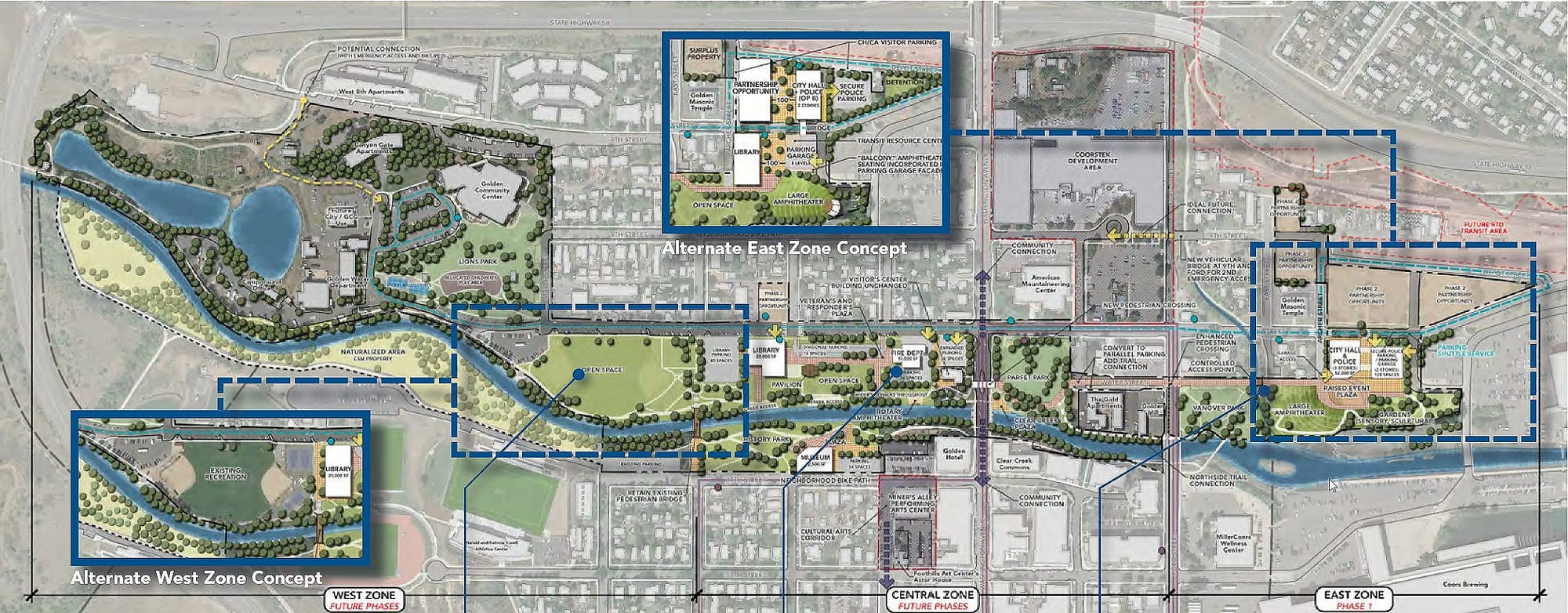 Drawing showing overhead view of Clear Creek with parkland on either side a municipal buildings on east end.