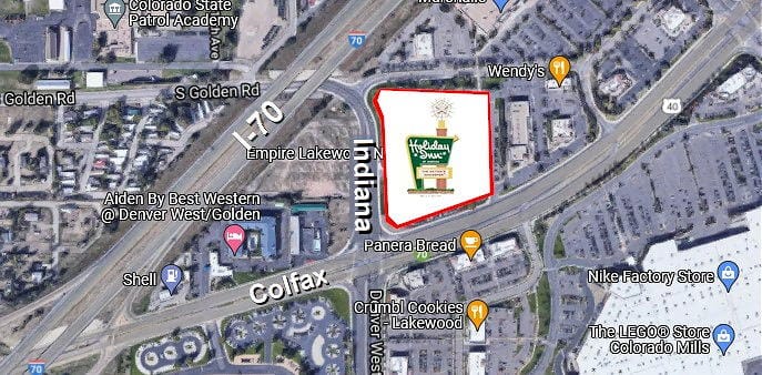 Google Satellite Image showing the Holiday Inn log at Indiana and Colfax Streets
