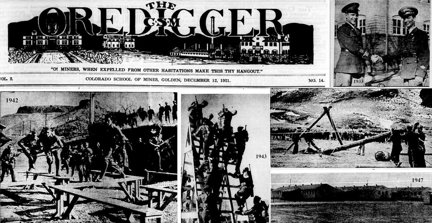 masthead from December 12, 1921 Oredigger plus photos of students and buildings from the paper, 1940s