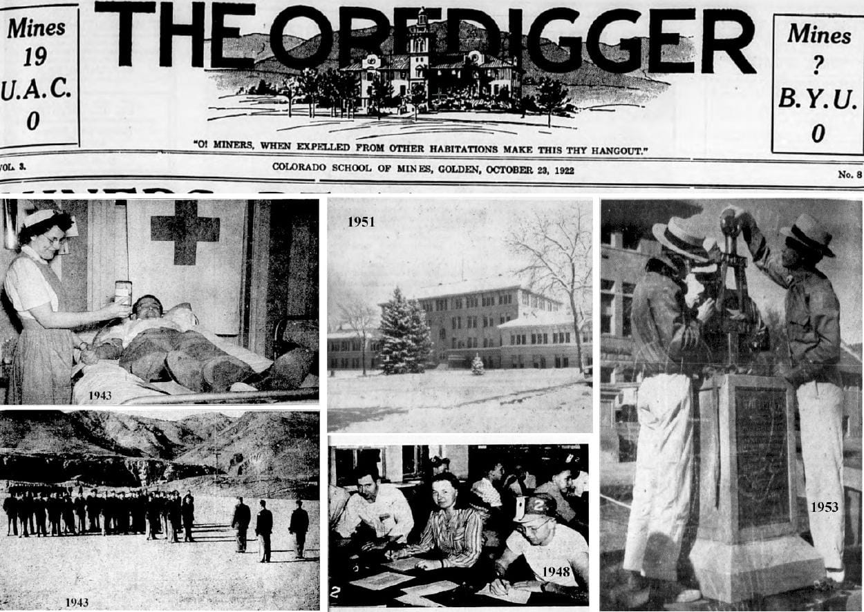 Masthead from October 23, 1922 Oredigger and photos of students from the 1940s and 1950s