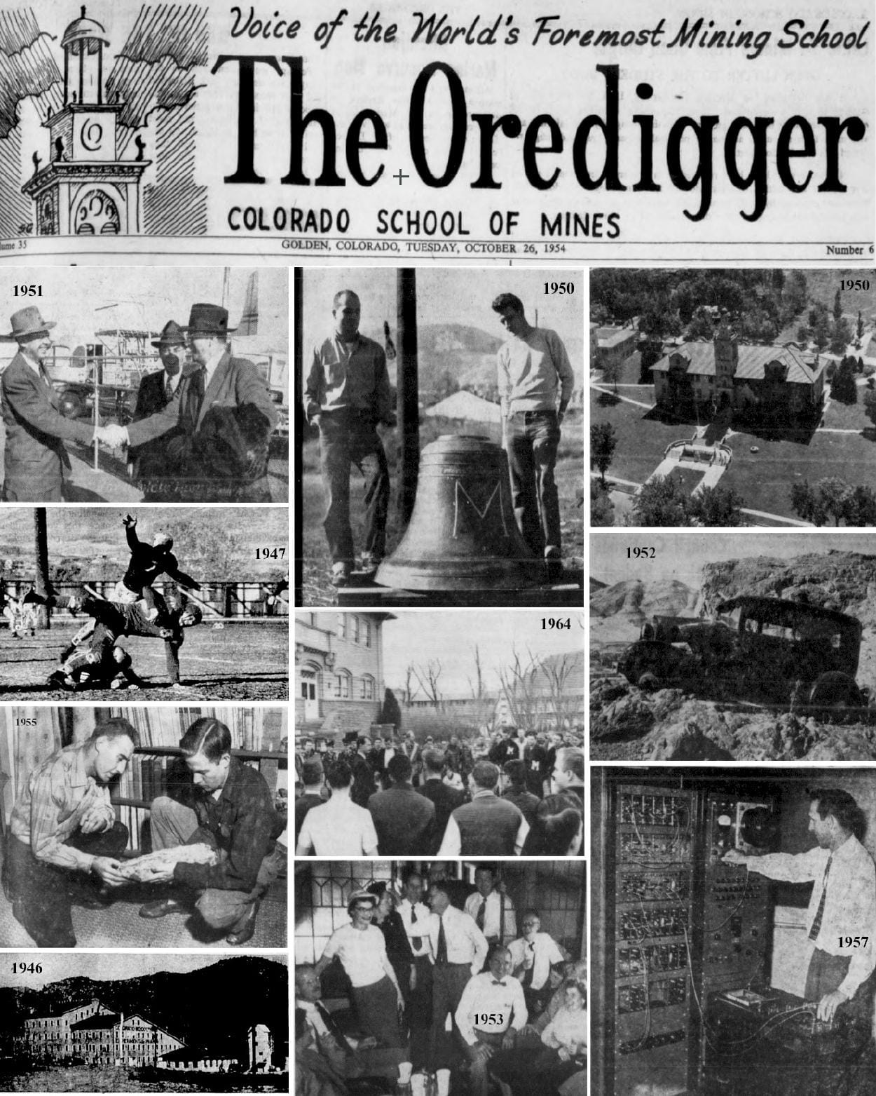 masthead from October 26, 1934 Oredigger plus student photos from the 1940s-1960s
