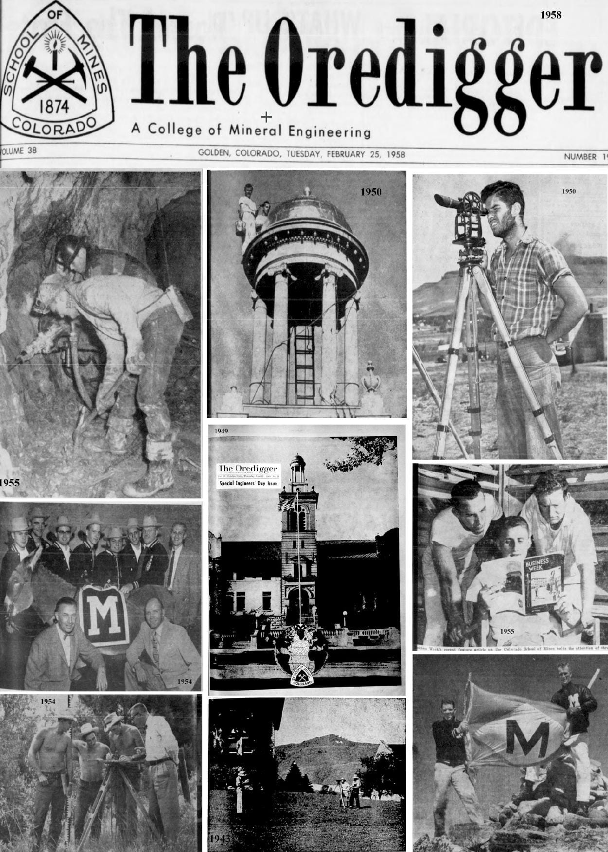 masthead from February 25, 1958 plus photos of students, 1940s and 1950s