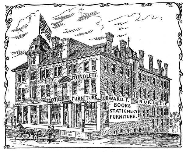 pen and ink drawing of a 3 story brick building with many chimneys and signs for Rundlett furniture, books, stationery, books