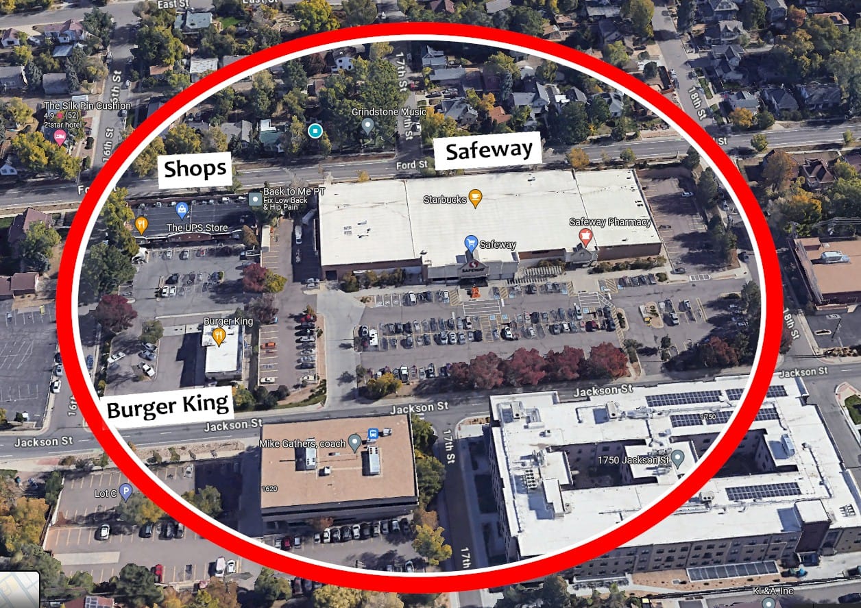 Satellite image with the same block circled, now occupied by Safeway, shops, and Burger King.