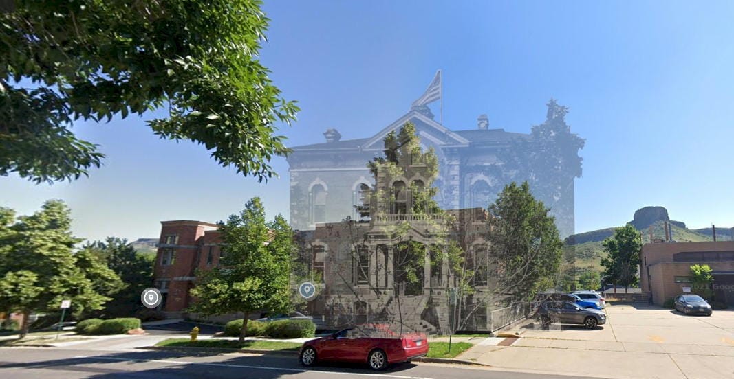 Transparent image of the former courthouse, superimposed on a modern photo of the same property, at 15th and Washington.
