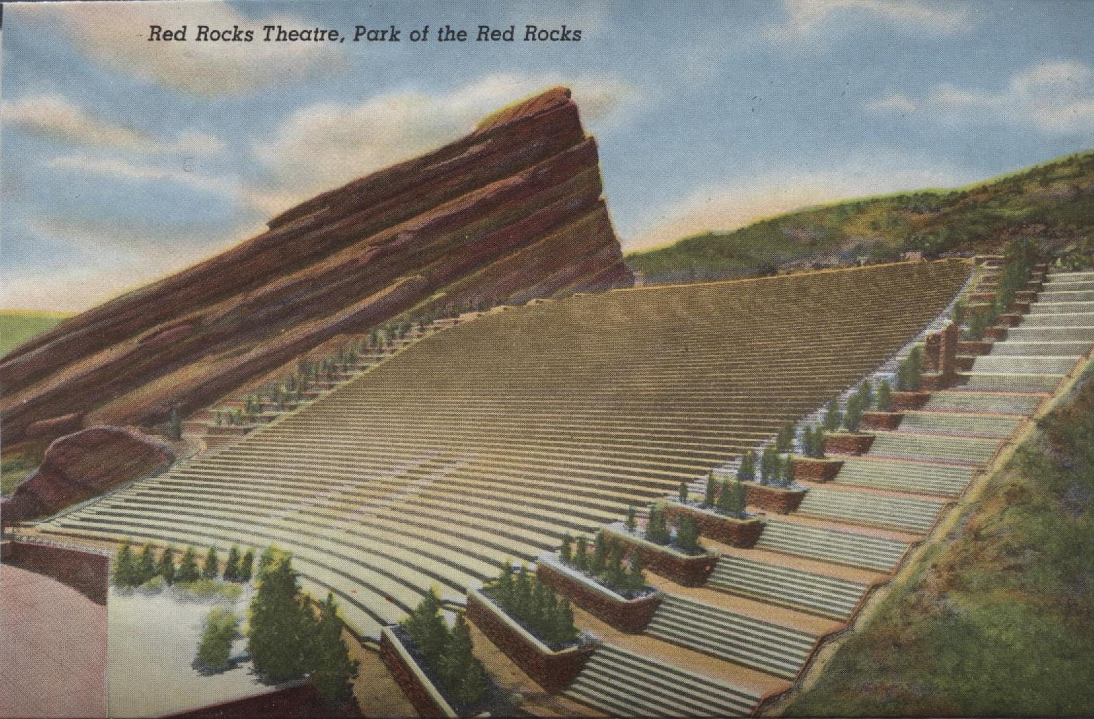 Old, hand-tinted postcard of Red Rocks Amphitheater
