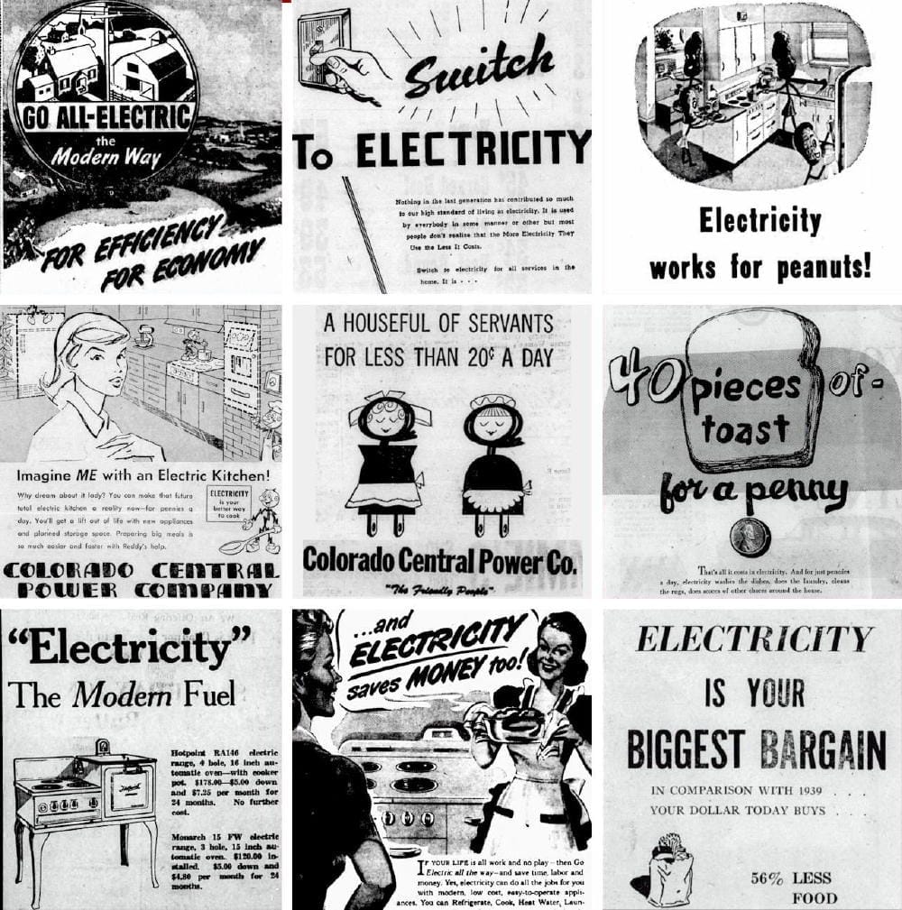 9 newspaper ads encouraging use of electric appliances because they are economical