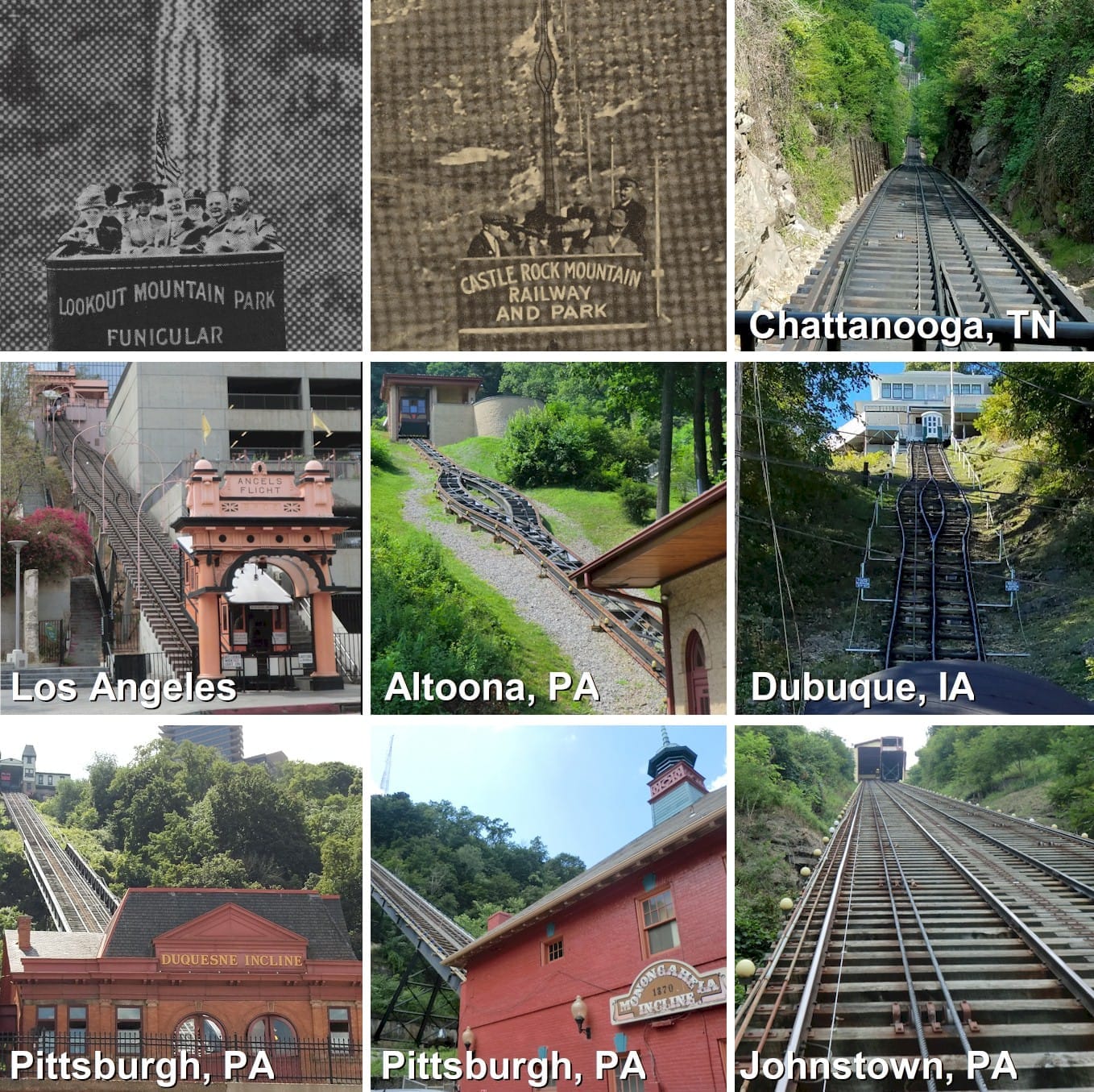 single and double track configurations at funiculars in Iowa, Tennessee, Pennsylvania, and California