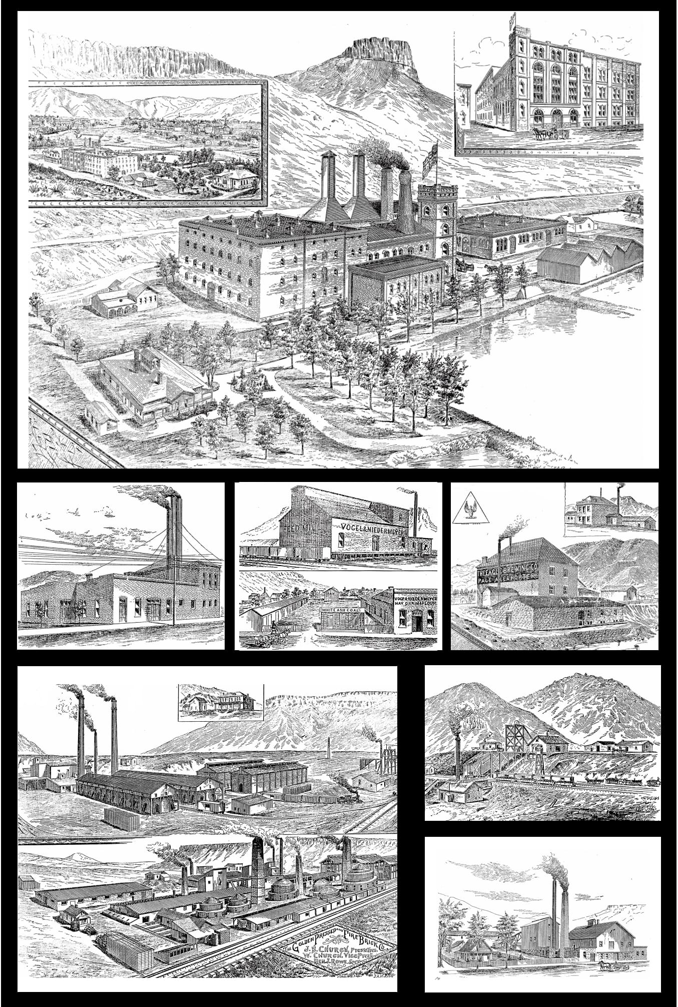 drawings of Coors, the illuminating company, Vogel feed mill, Eagle Brewing, White Ash coal, and the brickworks