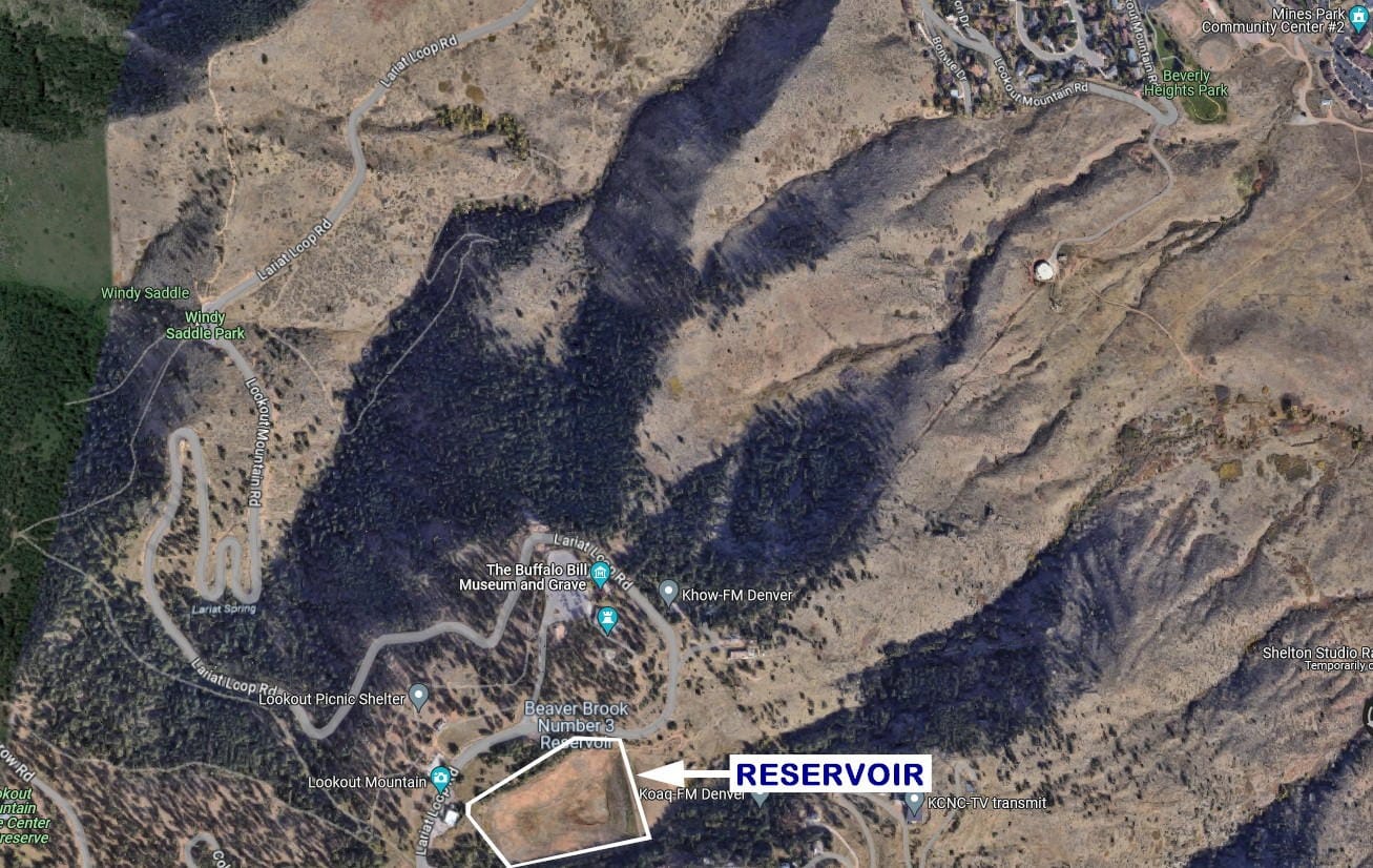satellite view shows the winding Lookout Mountain Road  A flat-looking area is outlined in white and labeled "RESERVOIR."