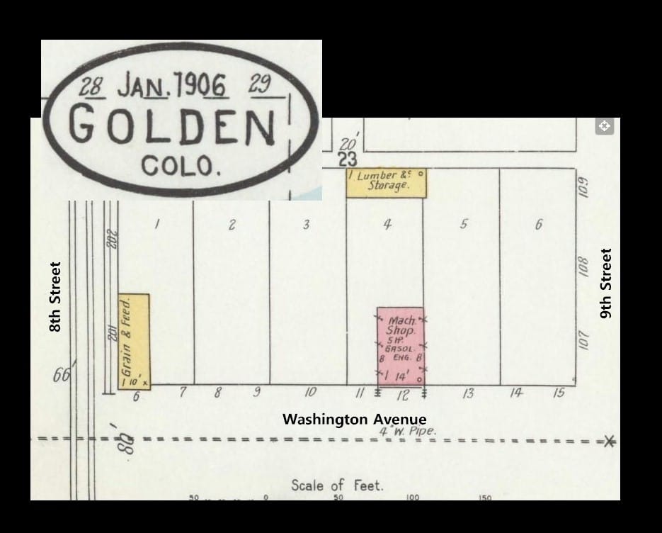 Map showing area from 8th to 9th along Washington.  Grain & Feed building on the left, Machine shop mid-block