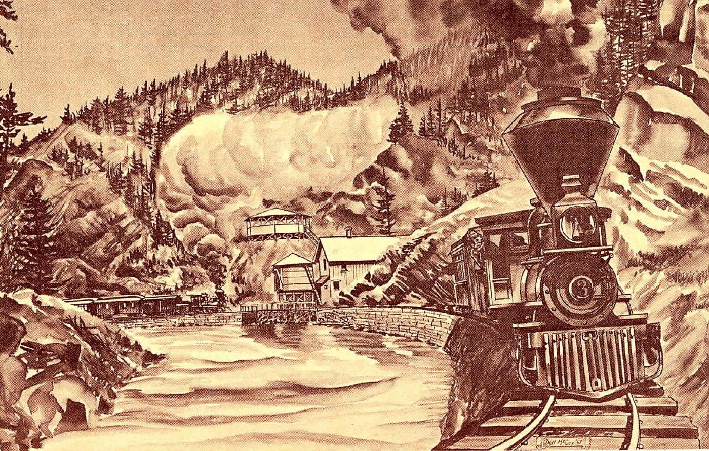Tan-colored illustration showing engine #3 under steam with the Beaver Brook pavilion and a water tower in the background.