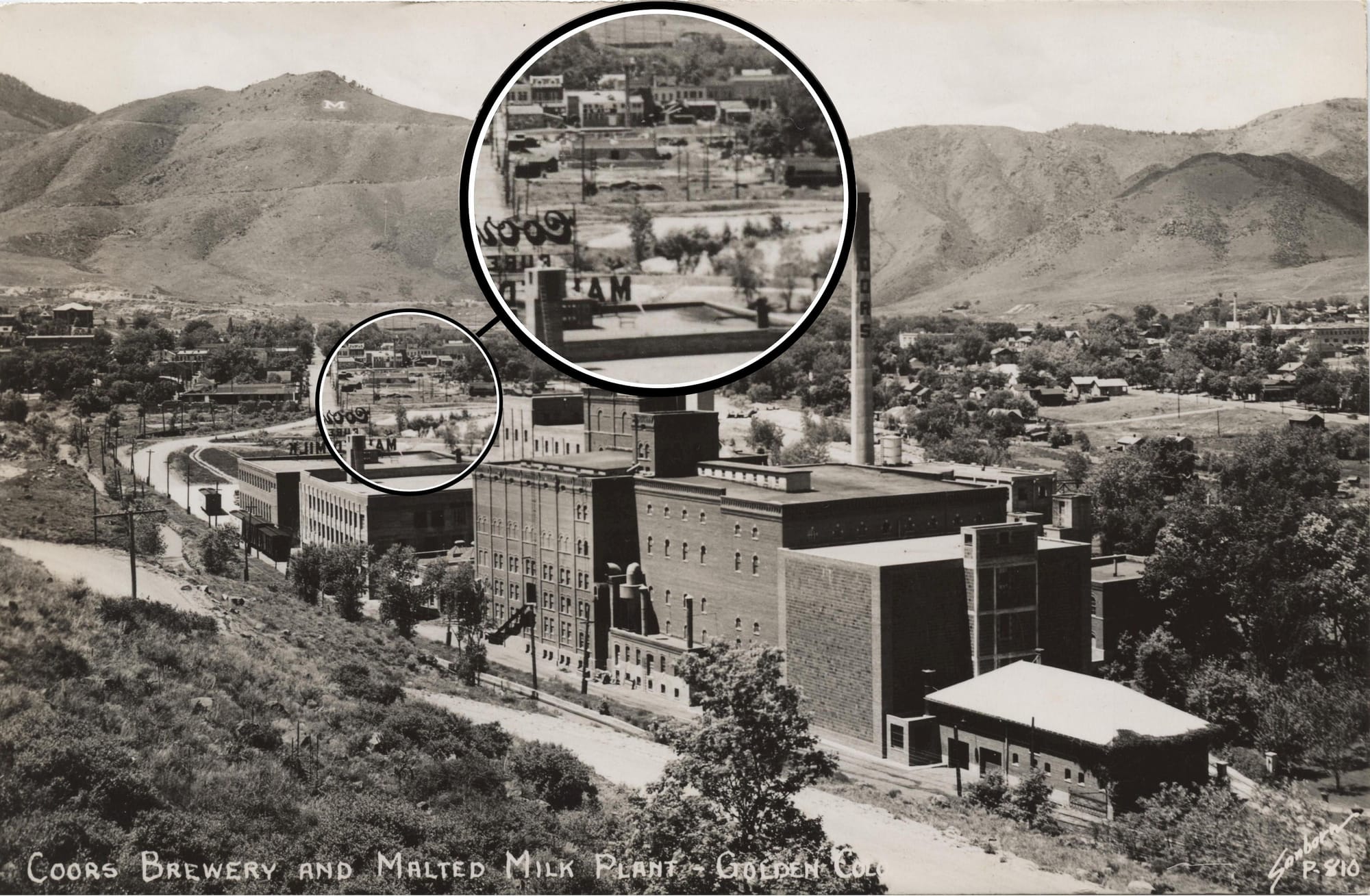 postcard of brick "Coors Brewery and Malted Milk Plant" with Golden, Mount Zion, and foothills in background