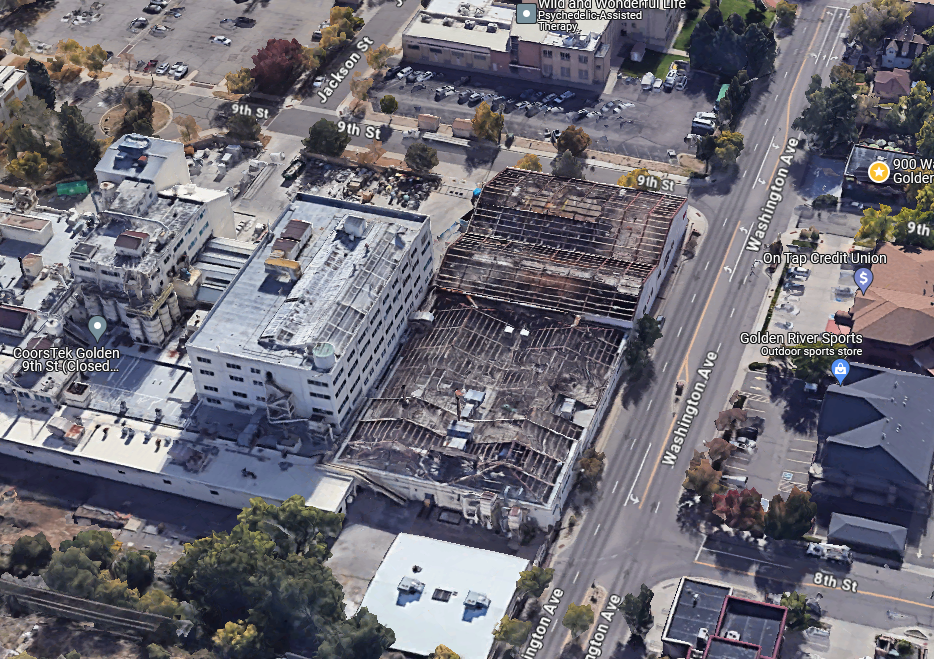 satellite image of CoorsTek industrial buildings along Washington Avenue, some with roofs removed