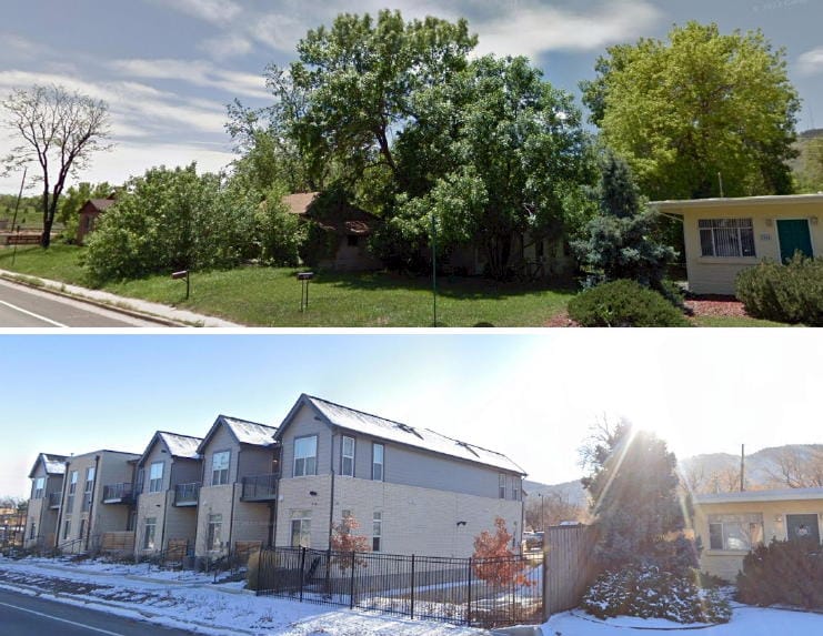 two Google Street images of the 2300 block of Ford St. Same house on right side; top view shows large trees on left; bottom shows 2 story apt buildings