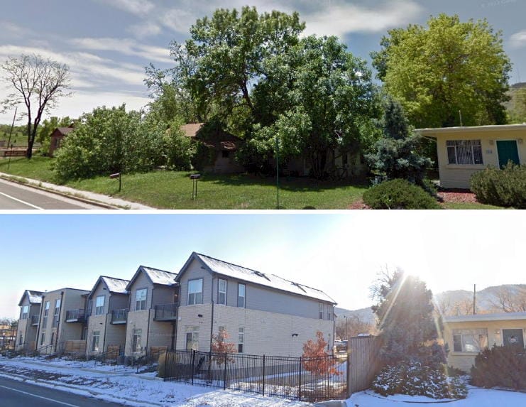 two Google Street images of the 2300 block of Ford St.  Same house on right side; top view shows large trees on left; bottom shows 2 story apt buildings