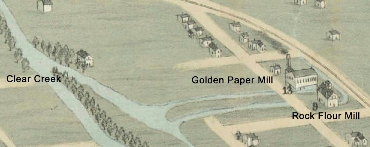 Drawing of Golden in 1873, showing the Golden Paper Mill and the Rock Flour Mill