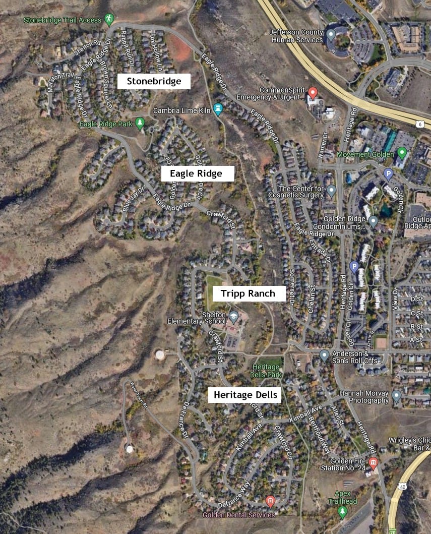 Google Satellite Image with Stonebridge, Eagle Ridge, Tripp Ranch, and Heritage Dells labeled