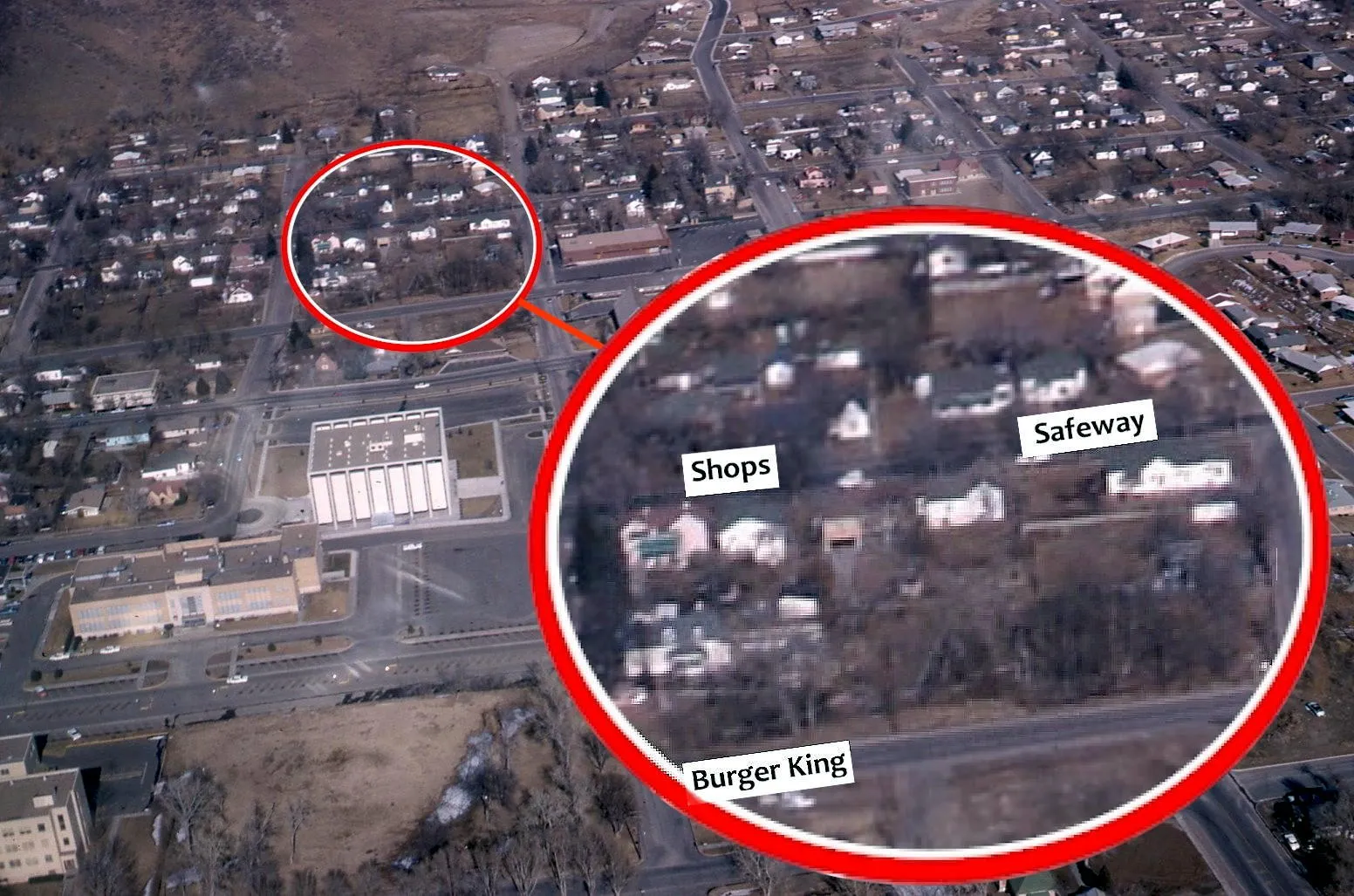 Aerial photo with a one-block area circled.  The block contains trees and houses.