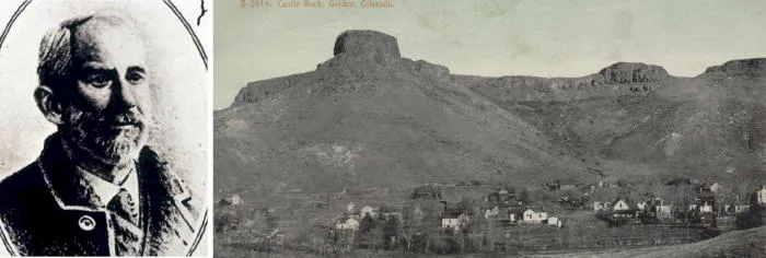 Portrait of Edward Berthoud and excerpt from an early black & white postcard showing Castle Rock