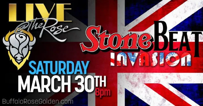 Poster for Stone Beat Invasion at the Buffalo Rose: Rolling Stones and Beatles tribute bands