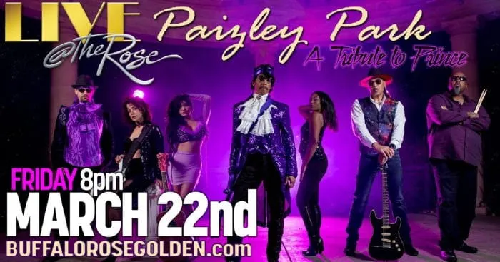 Concert poster for Paizley Park, a Prince tribute band - Buffalo Rose, March 22nd, 8PM