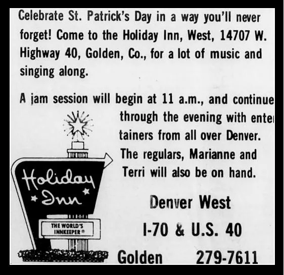 Ad for a St. Patrick's Day celebration at the Golden Holiday Inn