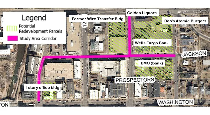 Map with Jackson, 13th, and 11th Streets highlighted, plus cross hatching on some blocks for potential redevelopment