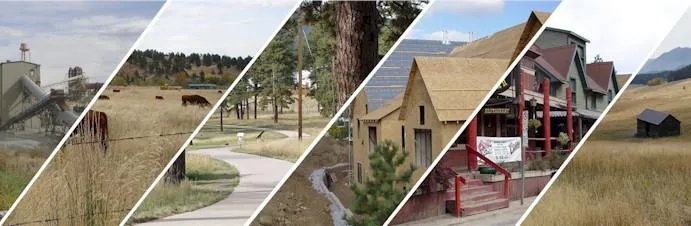 Divided picture shows several views of Jeffco--homes, ranches, open space, and industry.