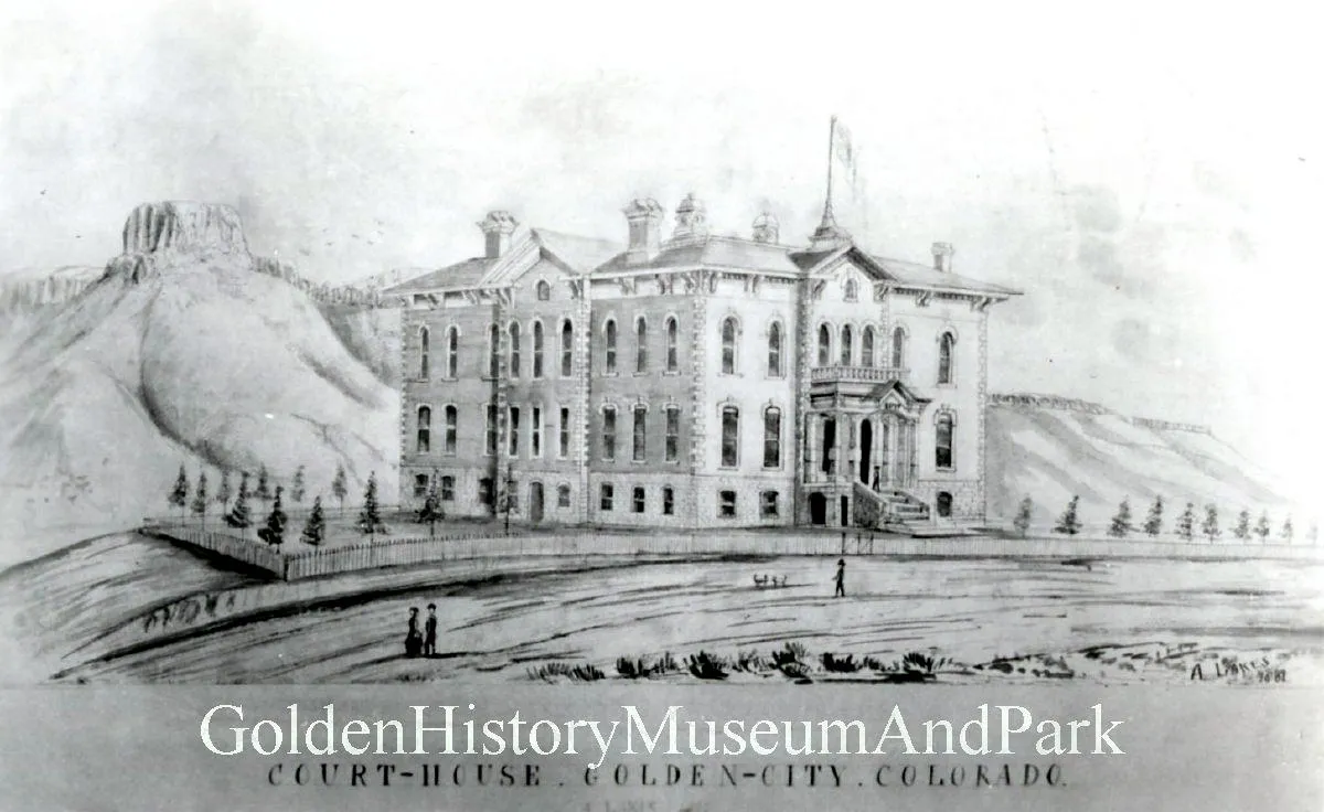 A postcard drawing of a 2-1/2 story Victorian courthouse with a flag on the roof.  Castle Rock is in the background.