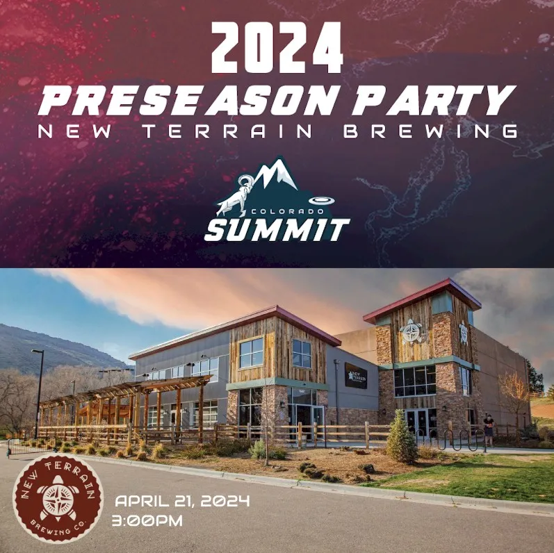 2024 Preseason Party - Colorado Summit logo and photo of New Terrain Brewing