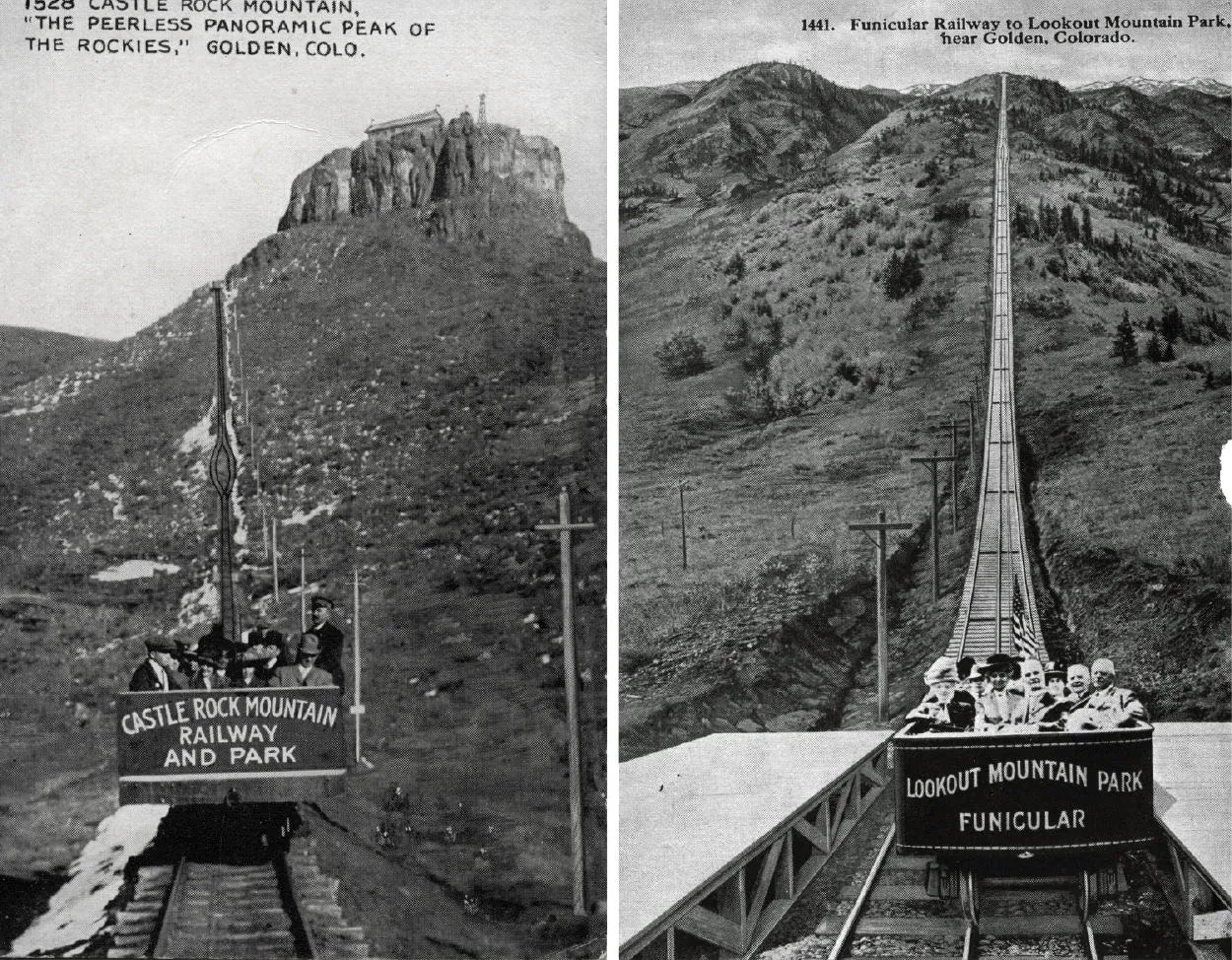 2 images of funicular railways: one says Castle Rock Mountain Railway and Park, other says Lookout Mountain Park Funicular
