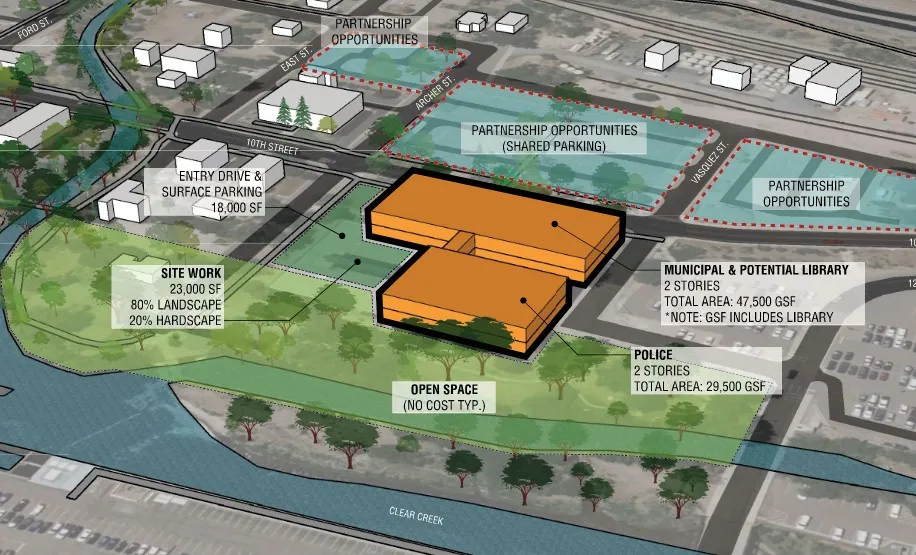orthographic rendering showing proposed new municipal buildings