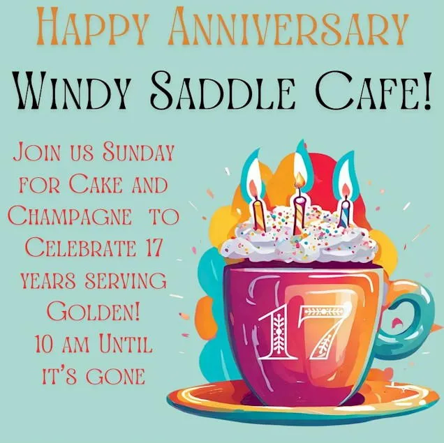 invitation to cake & champage at Windy Saddle, featuring a coffee cup with whipped cream and candles
