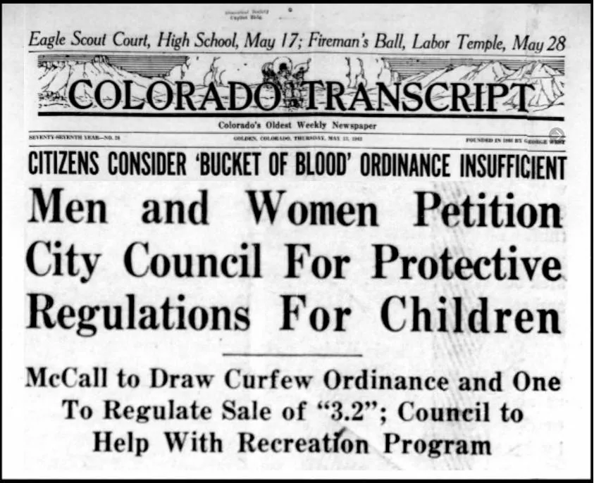 front page of Transcript with headlines announcing proposed ordinance for curfew and regulation on 3.2 beer