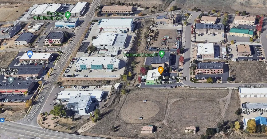 aerial view of a business park with about 25 buildings