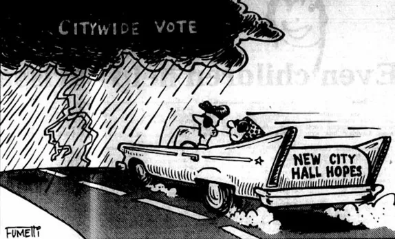 Cartoon shows a couple in a converitable labeled "New City Hall Hopes" heading into dark storm labeled "Citywide Vote"