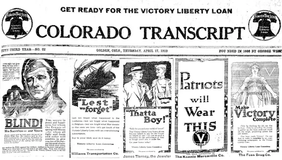 Ad headlines: BLIND! His Sacrifice-and Yours; Lest we forget; Thatta Boy!; Patriots will Wear THIS, and Make Victory Complete