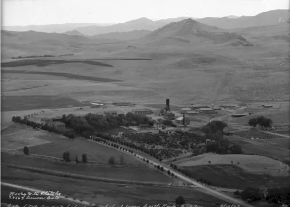 View of school from  South Table Mountain-big trees , some fields, and several cottages in an otherwise grassy landscape