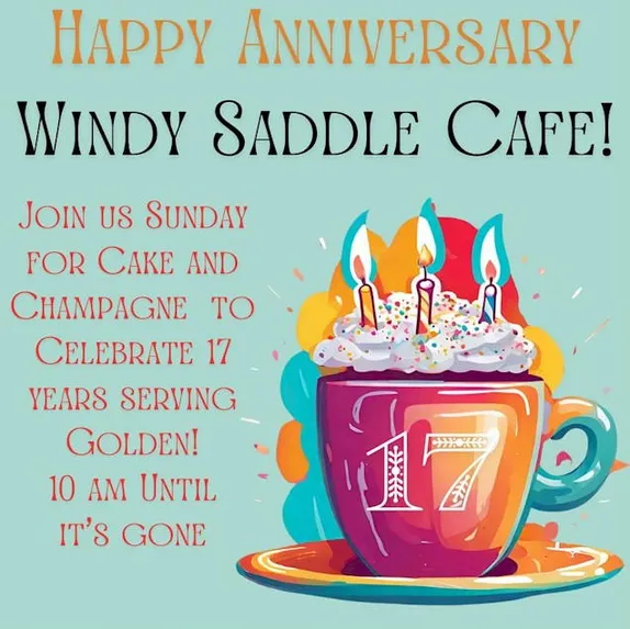 invitation to cake & champage at Windy Saddle, featuring a coffee cup with whipped cream and candles