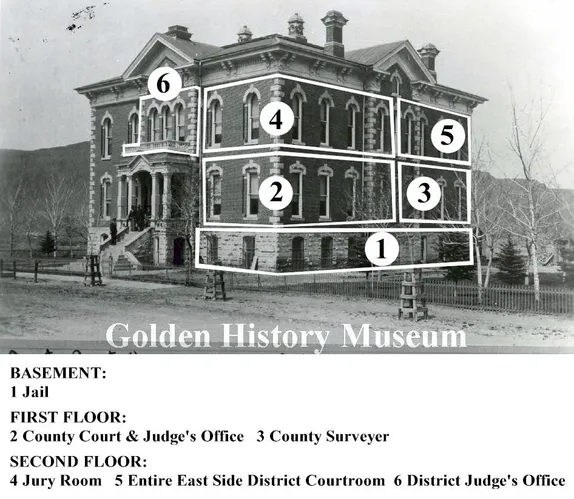 photo of 2-1/2 story courthouse outlines showing locations of jail, courtrooms, judge's offices, and surveyer's office